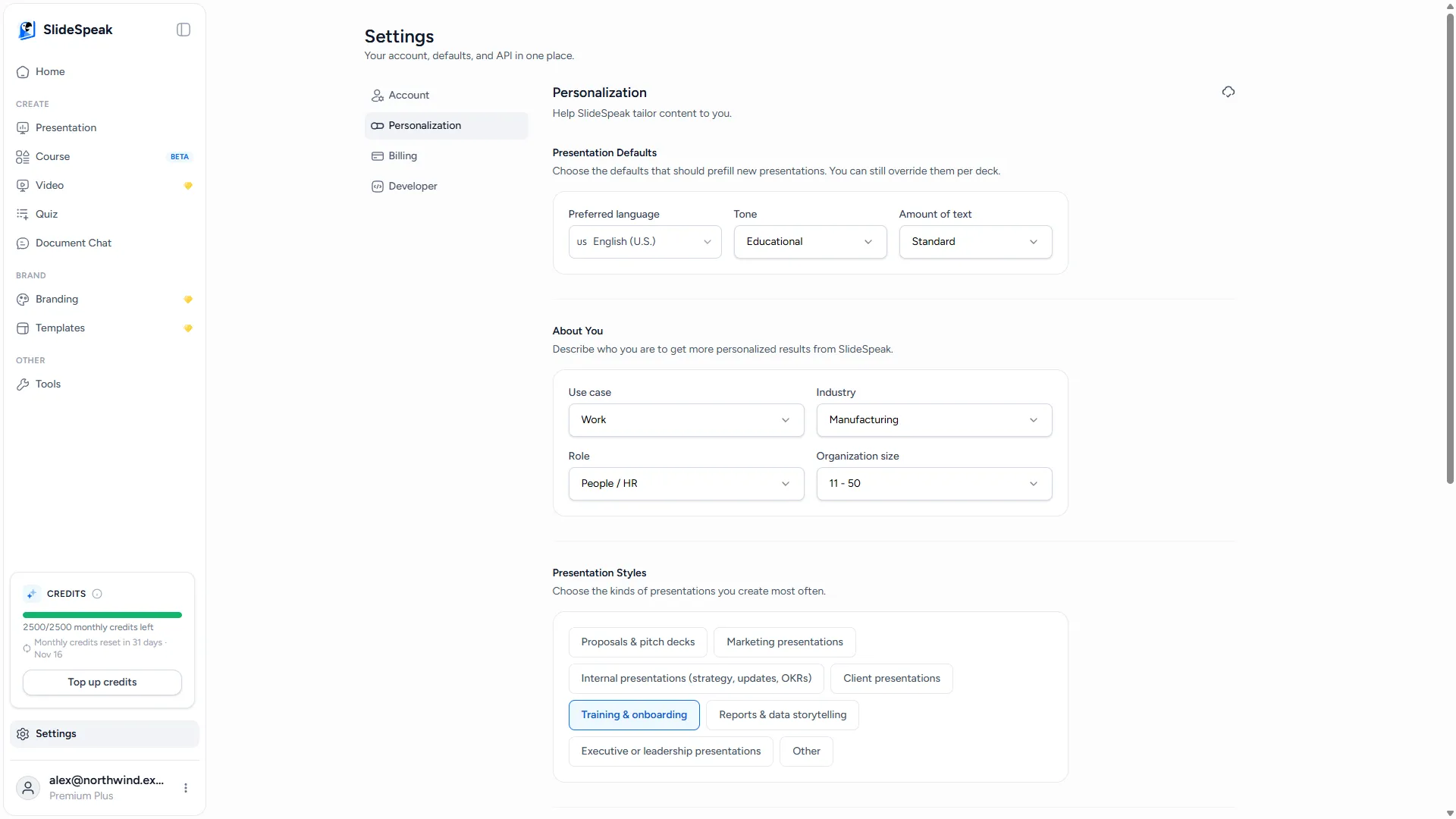 The SlideSpeak Personalization page with Presentation Defaults, About You and Presentation Styles