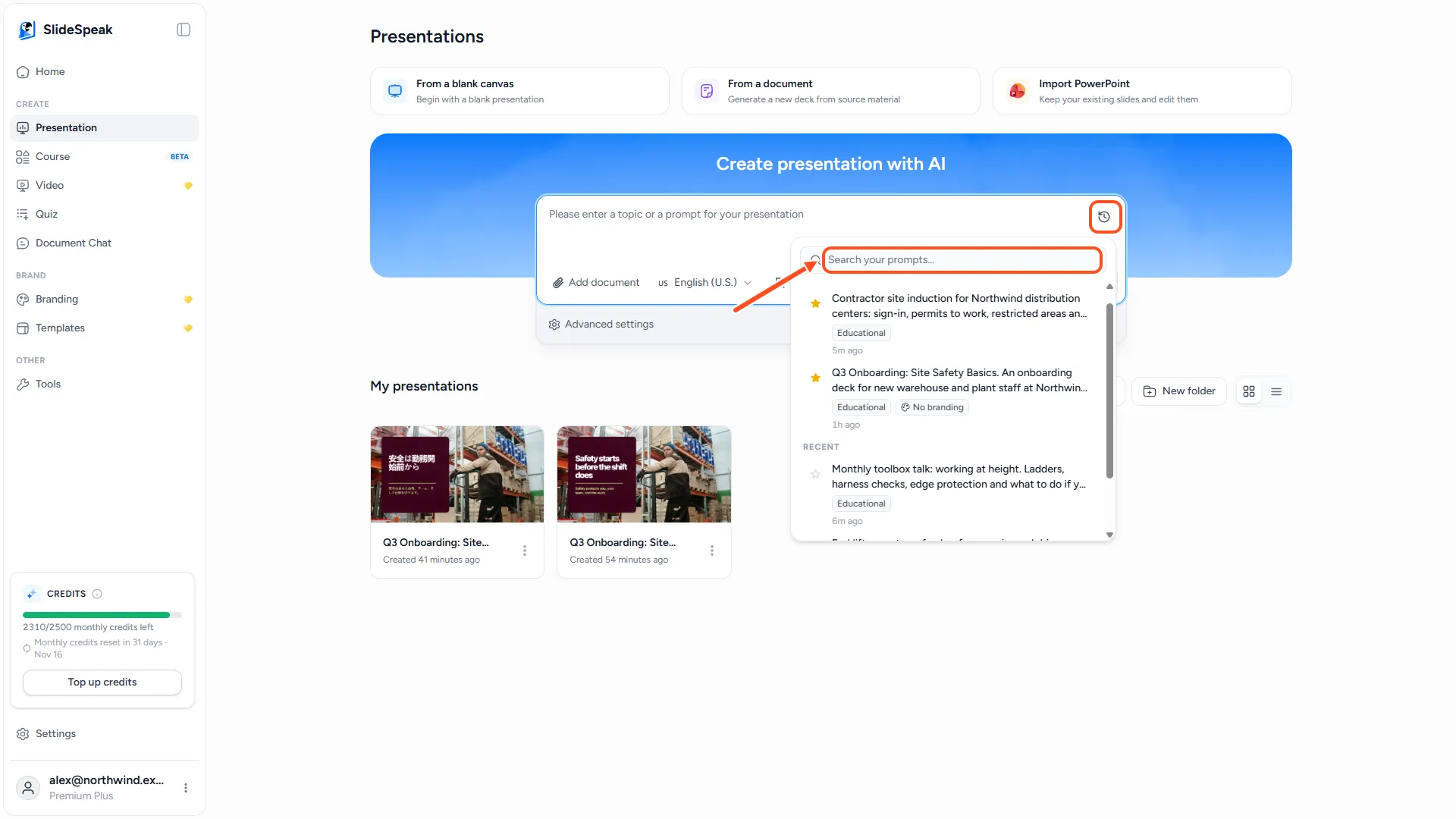 The SlideSpeak prompt history popover with a search box, favourite prompts and recent prompts