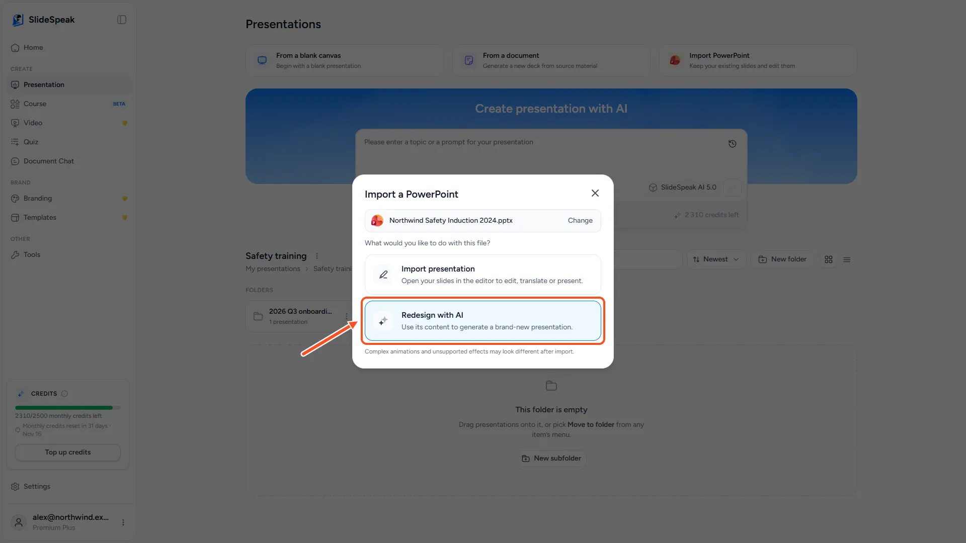The Import a PowerPoint dialog in SlideSpeak with the Redesign with AI option highlighted