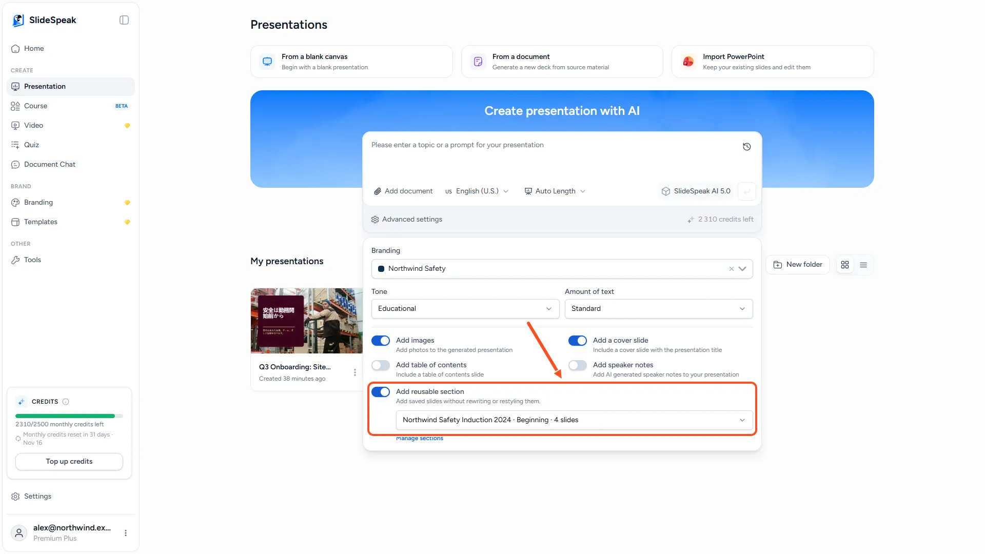 Advanced settings with Add reusable section on and a section selected from the list