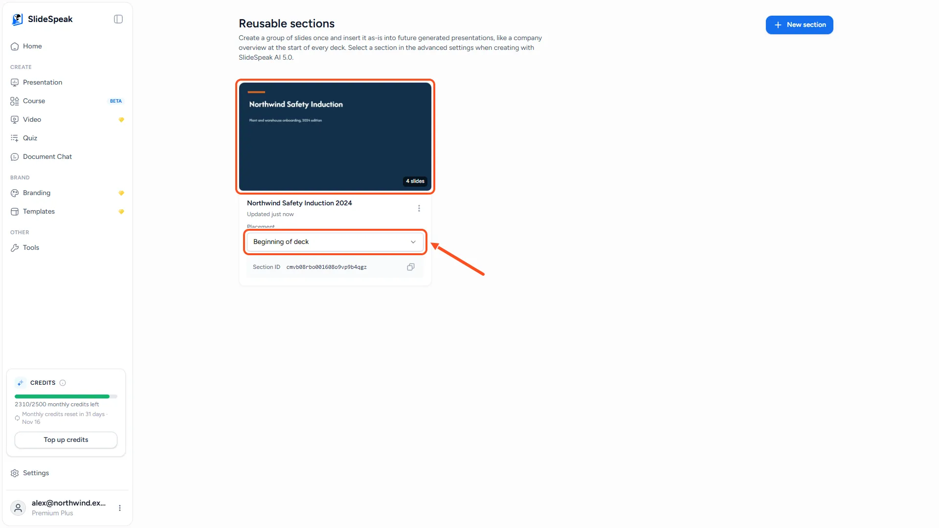 Reusable sections page with a section card showing its preview, slide count and the Placement field set to Beginning of deck