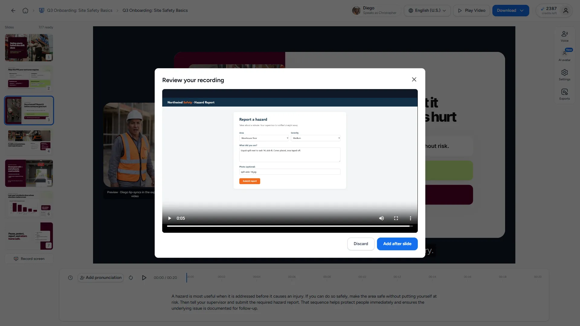 Review your recording dialog with the video preview and the "Add after slide" button