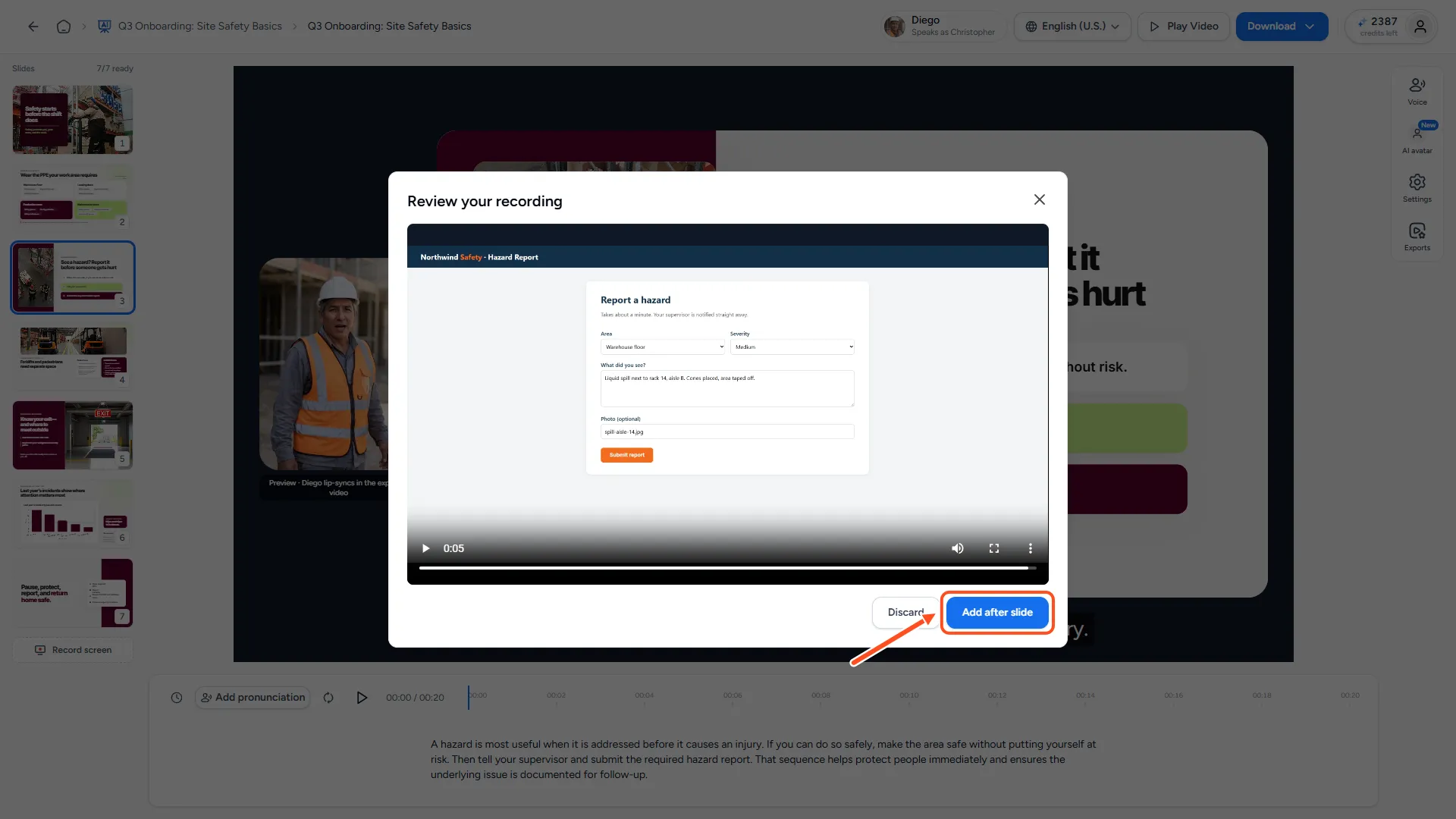 Review your recording dialog with a video preview and the Add after slide button