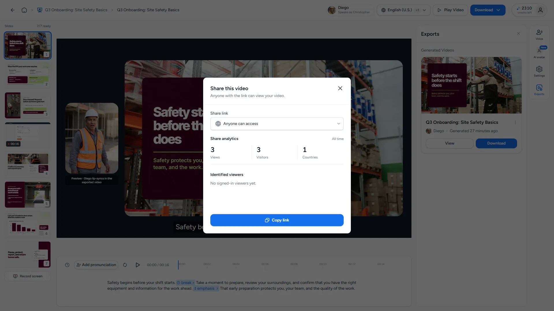 Share details with views, visitors, countries and identified viewers