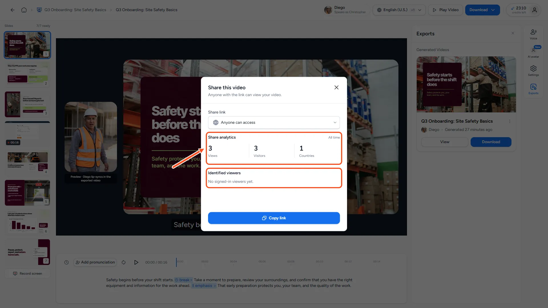 Share dialog with Share analytics: Views, Visitors and Countries, and the Identified viewers section
