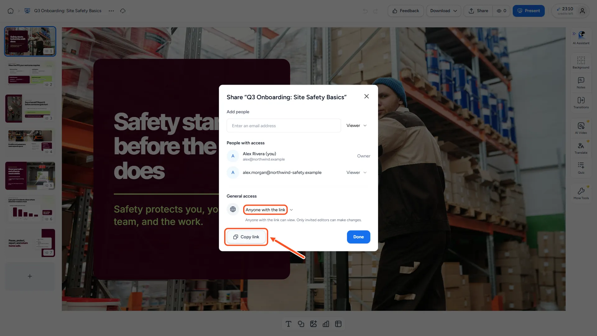 Share dialog with General access set to Anyone with the link and the Copy link button highlighted