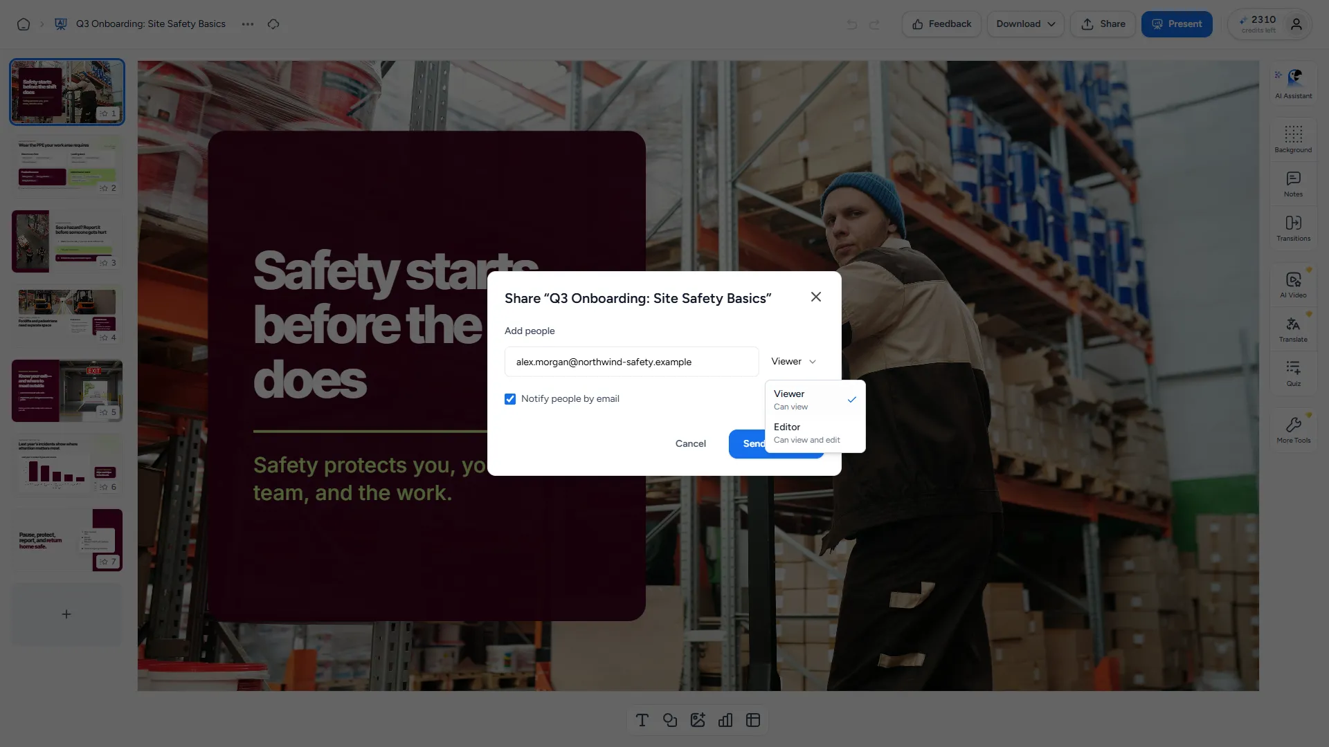 Share dialog with "Add people", the Viewer and Editor roles and "Send invitation"