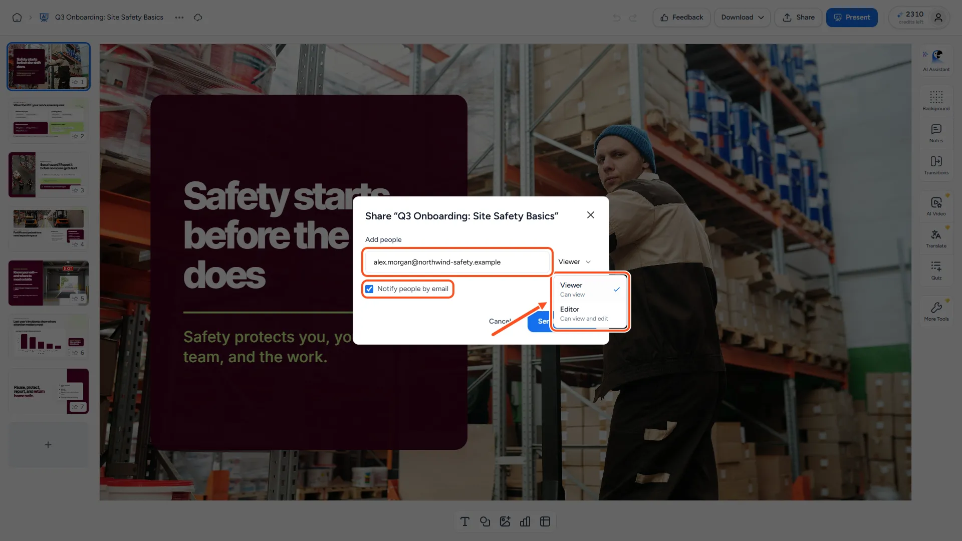 Share dialog with an email typed under Add people, the Viewer/Editor role menu open, Notify people by email checked and the Send invitation button