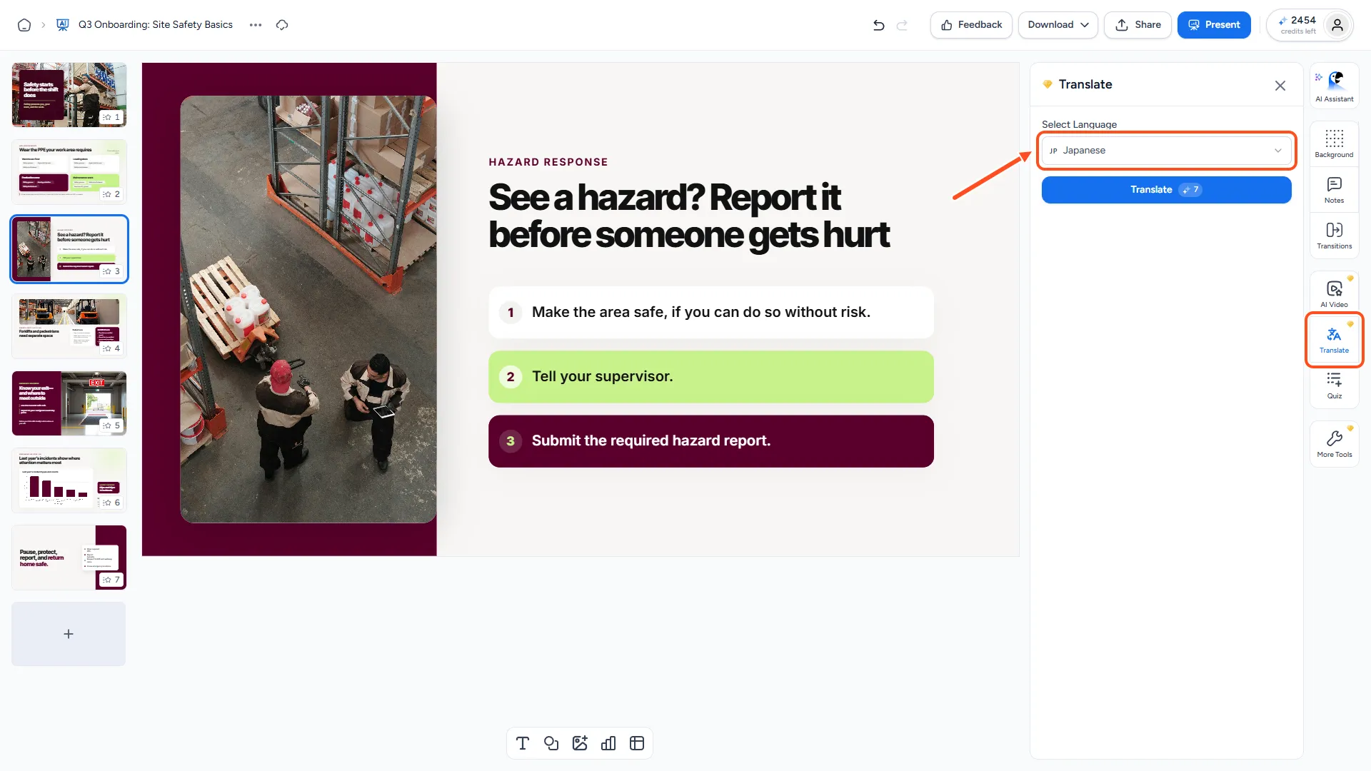 The Translate panel in the SlideSpeak editor with Japanese selected in the language picker and the Translate button showing the credit cost