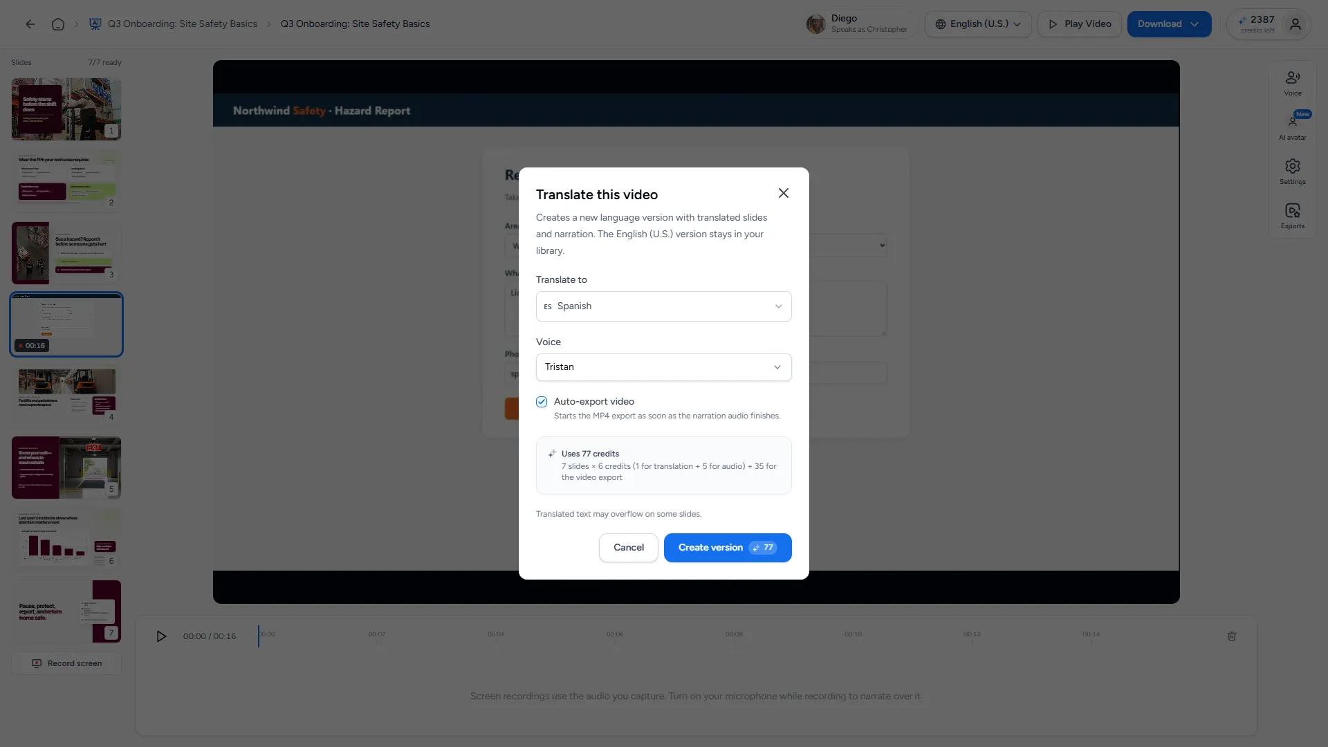 Translate dialog with language and voice selected, "Auto-export video" and "Create version"