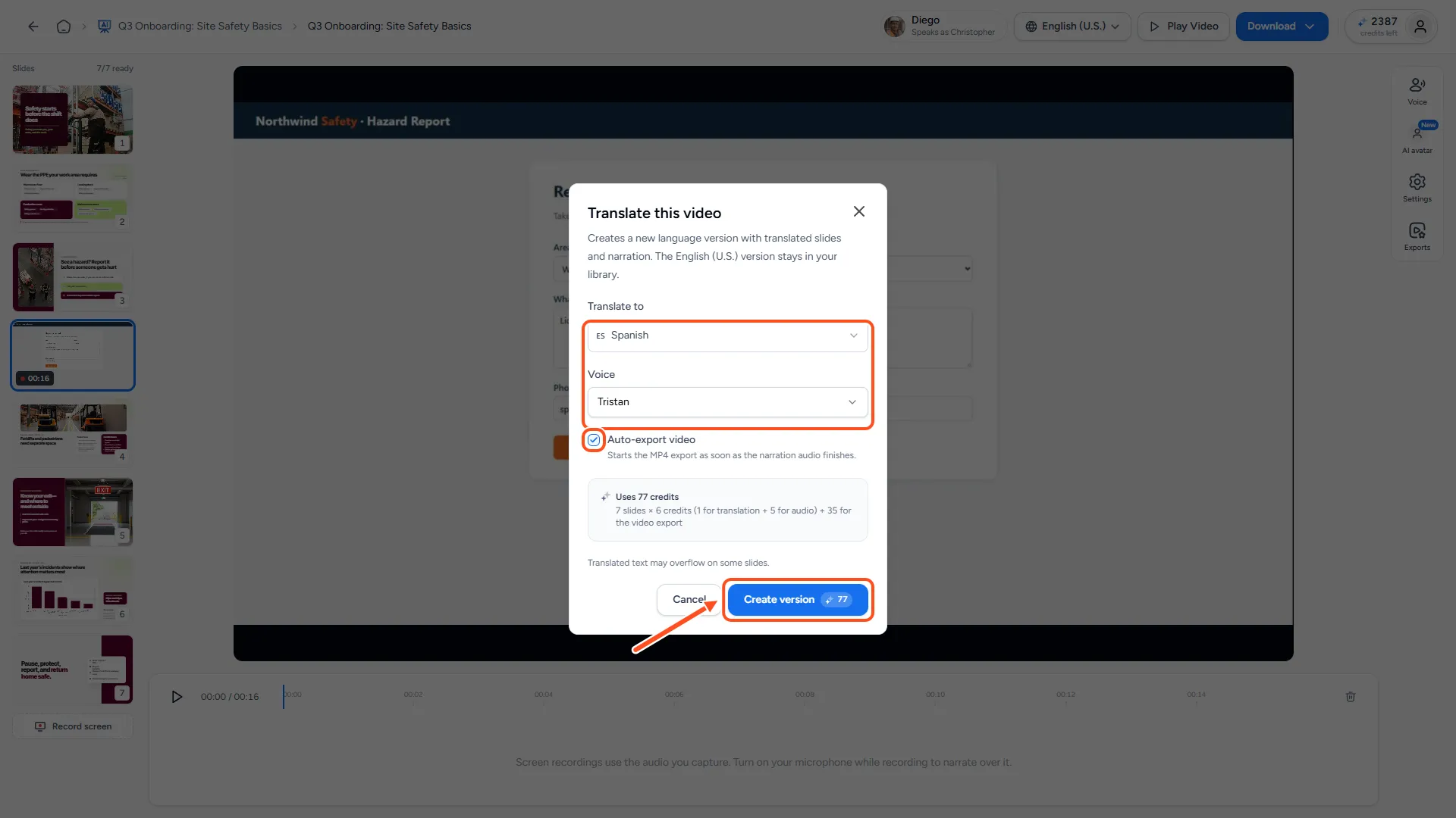 Translate this video dialog with Spanish selected, a voice chosen, the Auto-export video checkbox and the Create version button