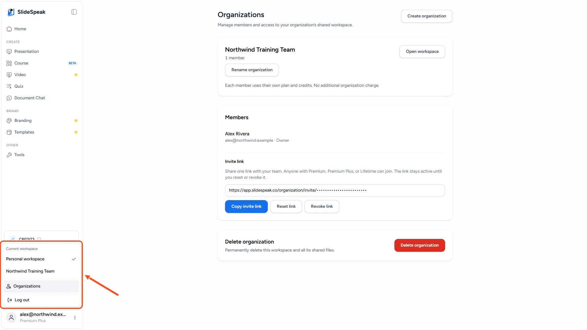 Profile menu listing Personal workspace and the organization under Current workspace, with a check mark next to the open one
